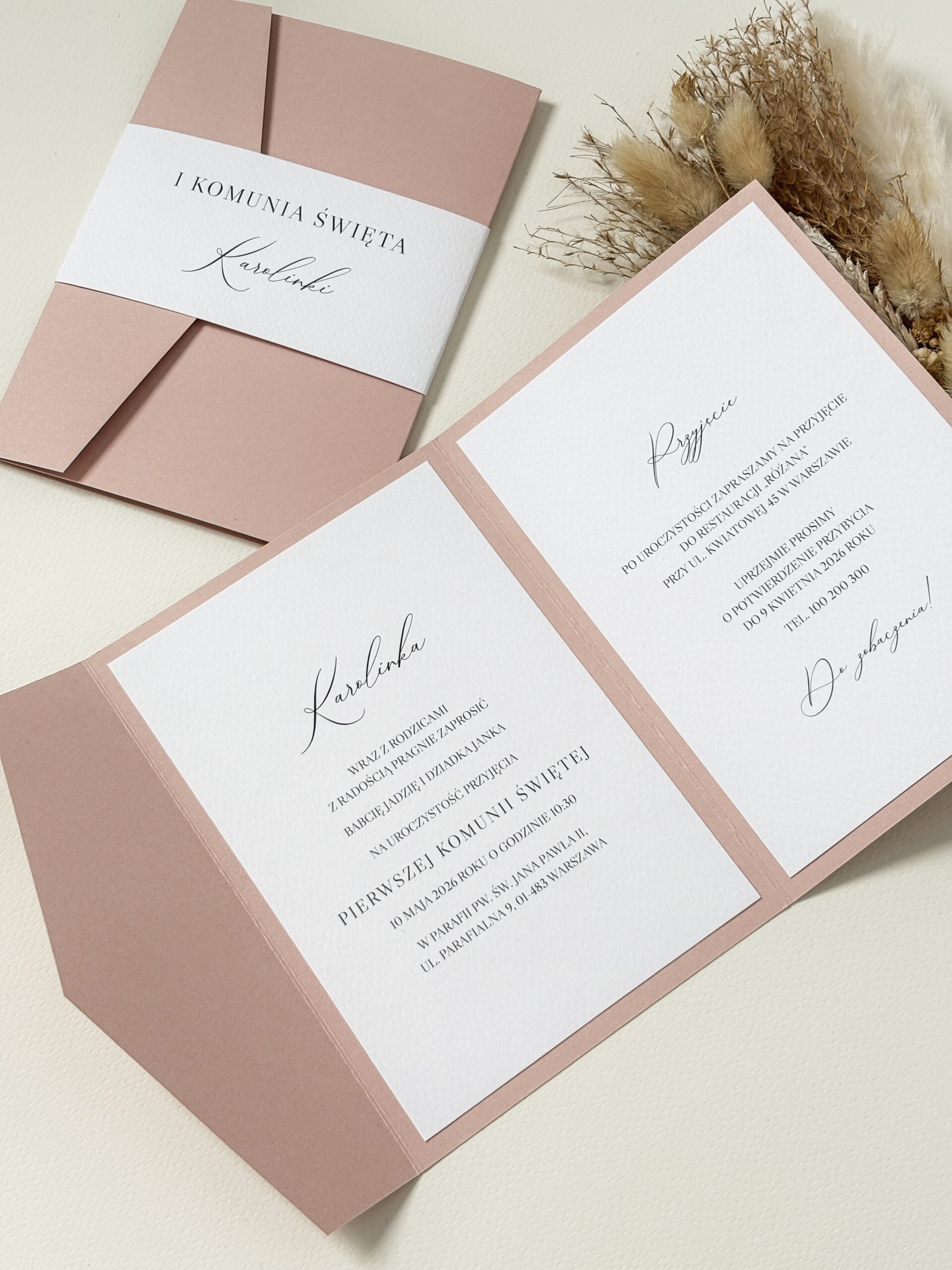 różowe zaproszenie na komunię świętą
