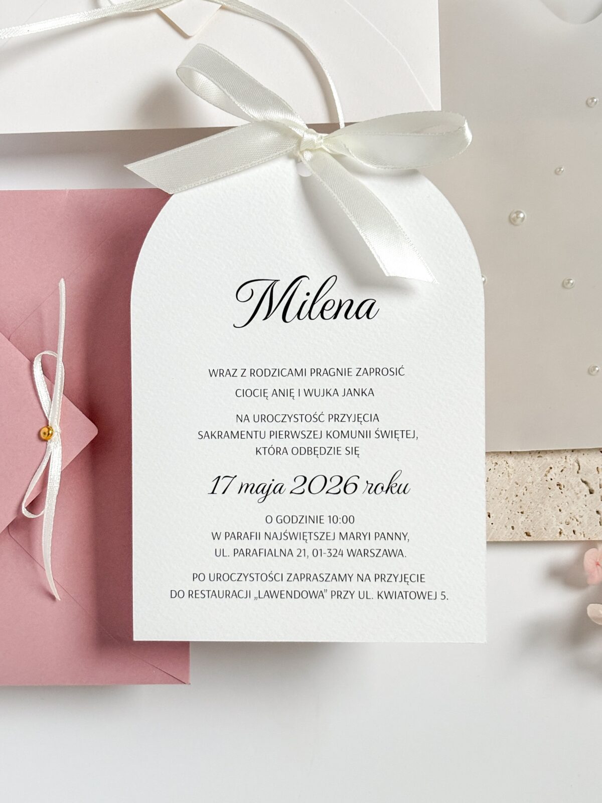 zaproszenie na komunię z perłowym folderem