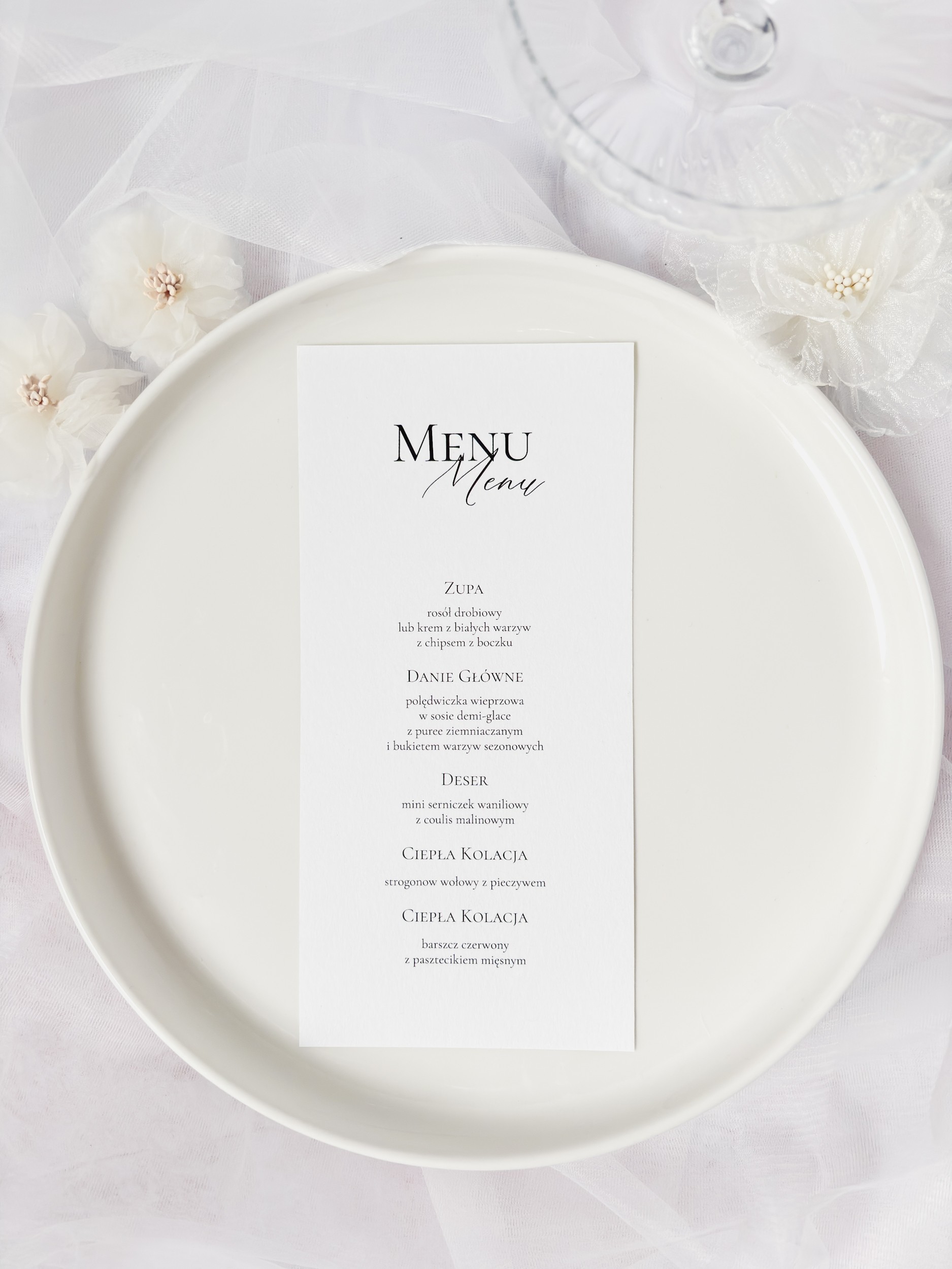 Menu weselne leżące białe
