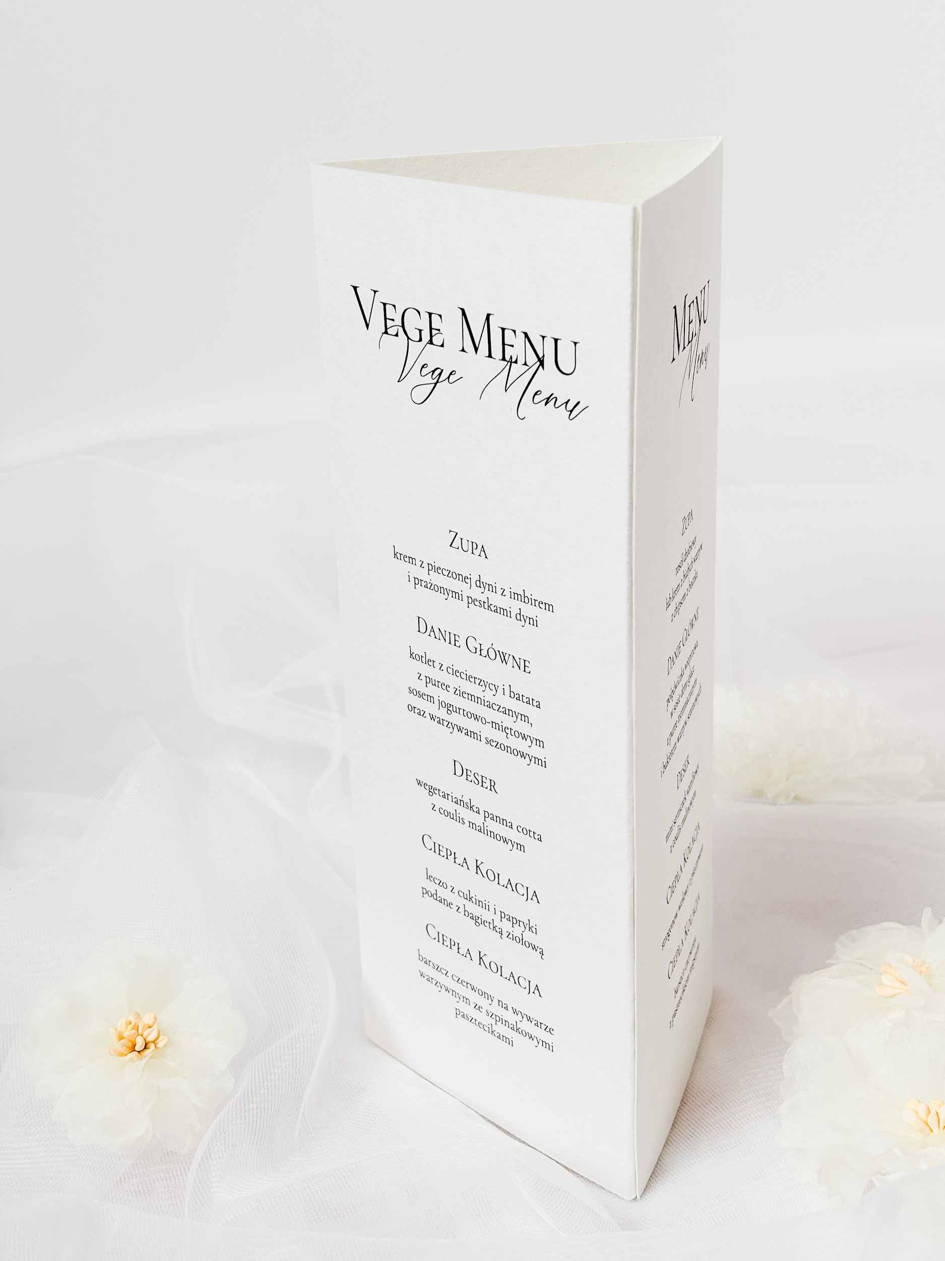 trójstronne menu weselne z numerem stołu