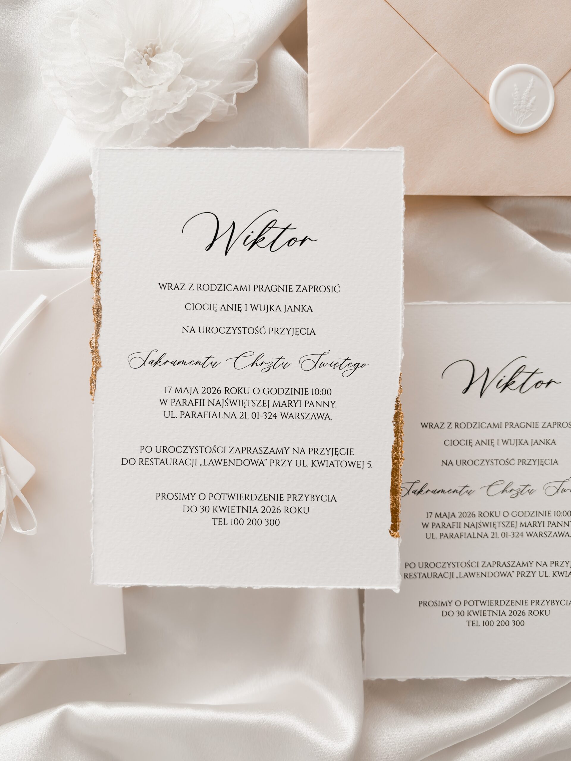 ręcznie złocone zaproszenie na chrzest