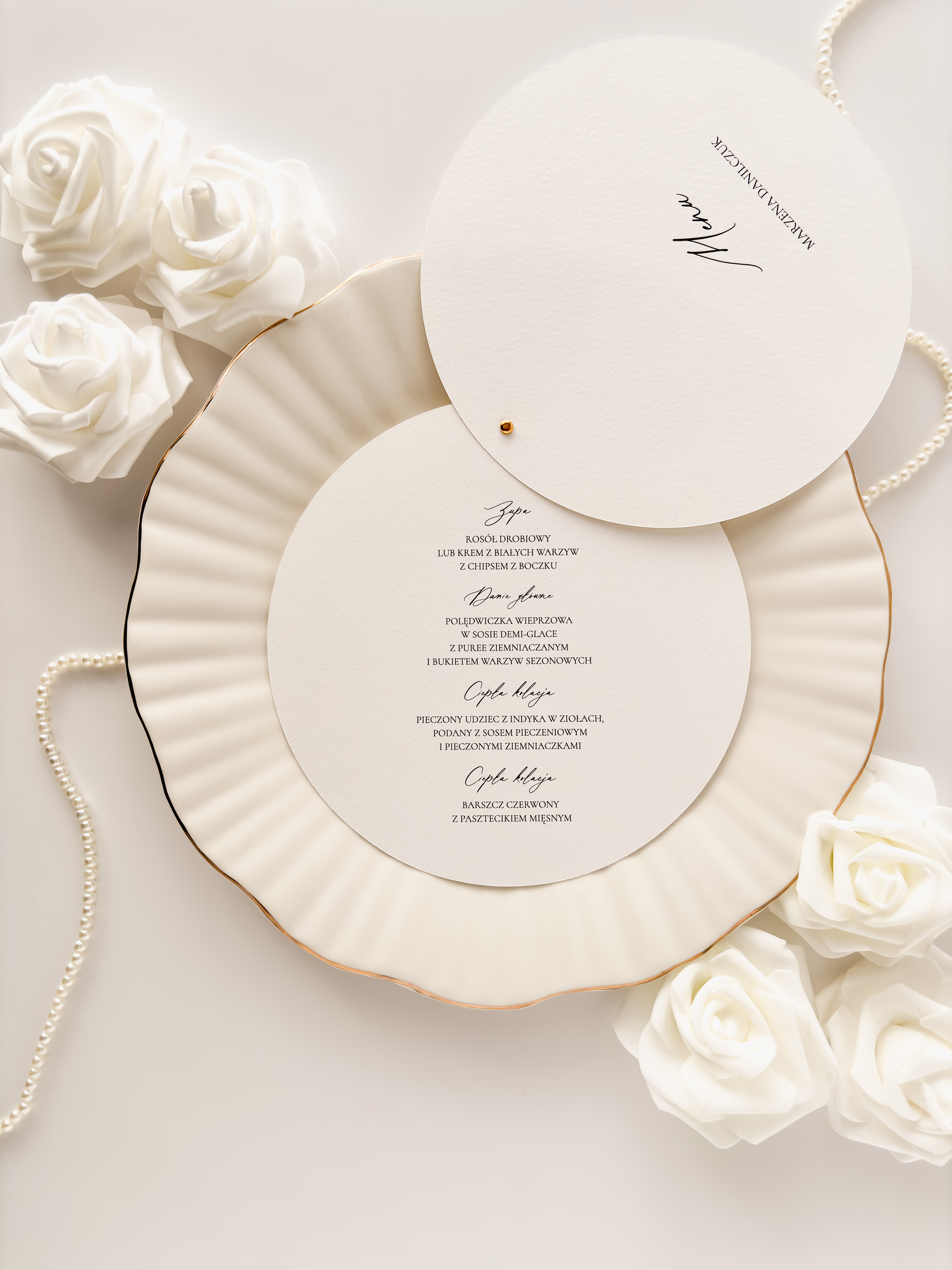 okrągłe menu weselne z winietką