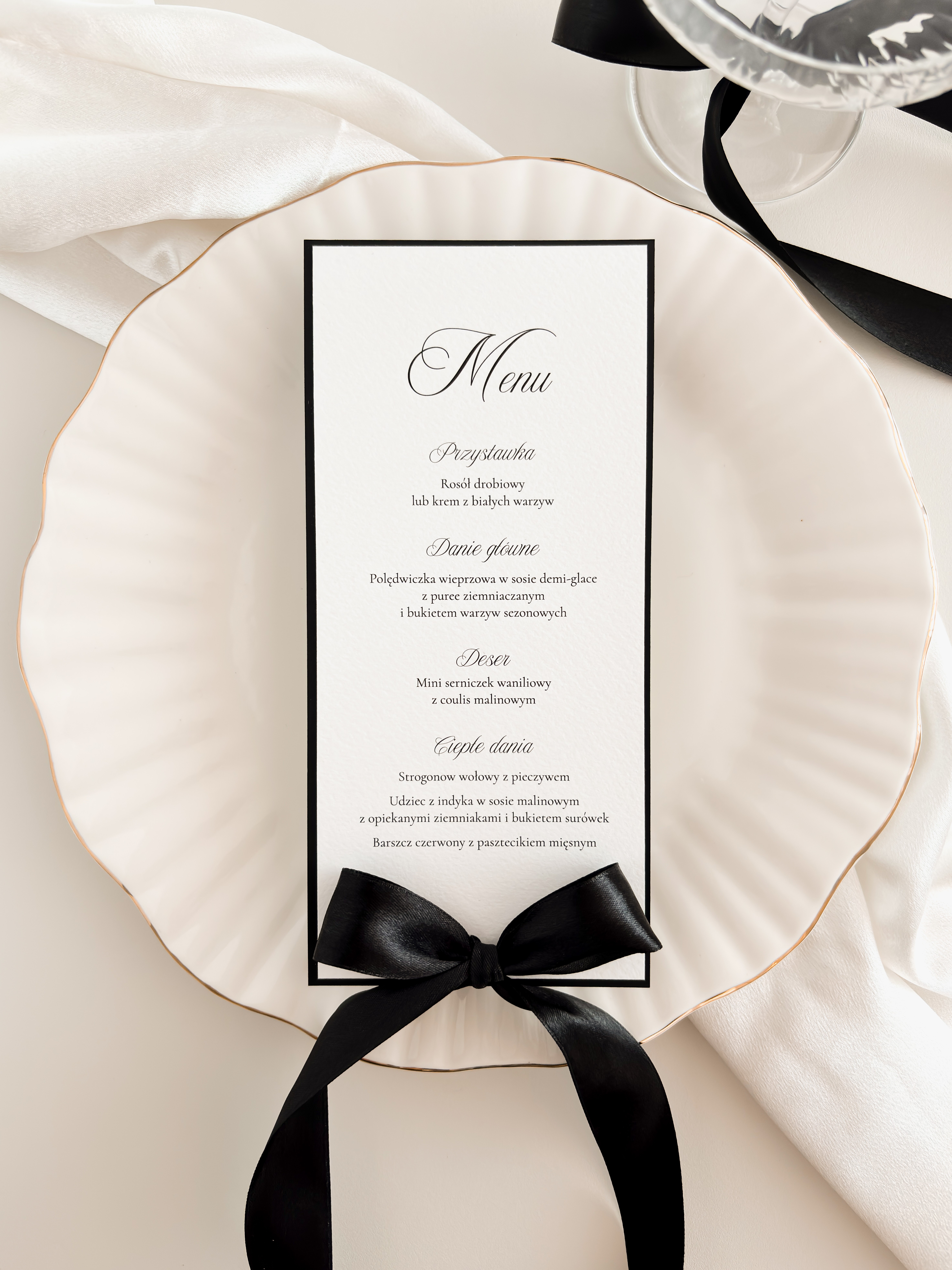 Menu weselne z winietką na wstążce